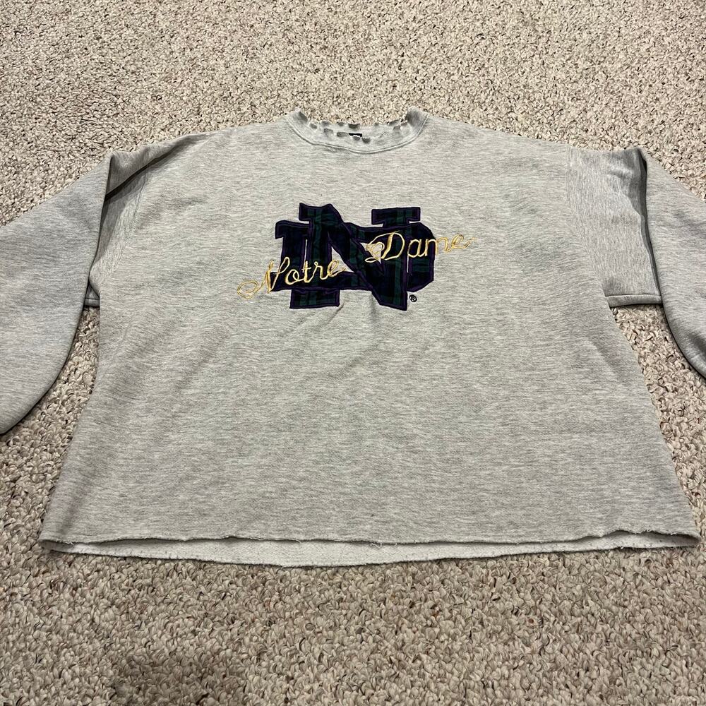 Vintage Notre Dame Crewneck Sweatshirt Sz XXL Gray Embroidered Plaid